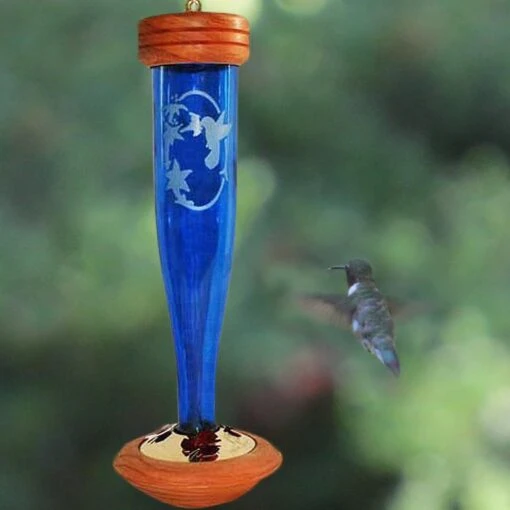 Crystal Etched Hummingbird Feeder- Clear Or Cobalt -Pet Supplies Store Crystal etched hummingbird feeder