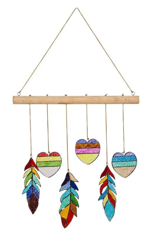 Stained Glass Heart And Feather Mobile -Pet Supplies Store Stained Glass Heart and Feather WindChime Mobile