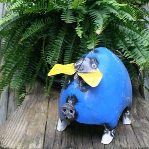 Large Pig Yard Art -Pet Supplies Store blue metal pig