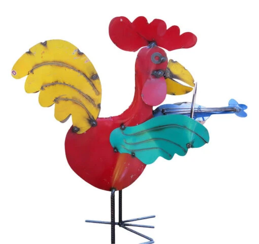 Jamming Roosters Metal Yard Art -Pet Supplies Store rooster metal yard art fiddle