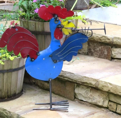 Jamming Roosters Metal Yard Art -Pet Supplies Store rooster with trumpet yard art