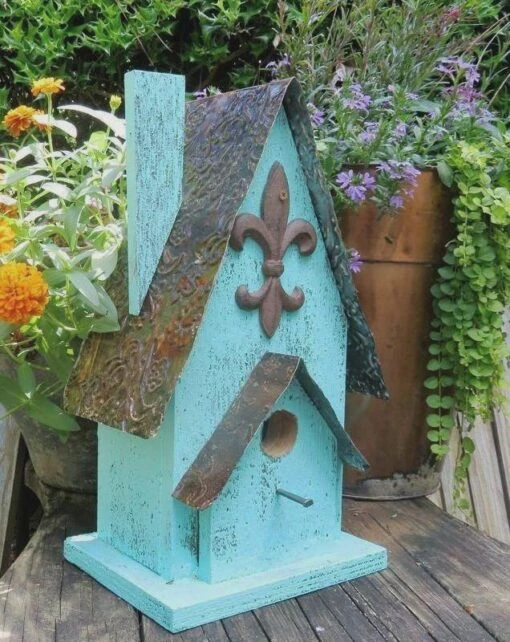 Barn Wood Birdhouse- Fleur-de-Lis -Pet Supplies Store teal fleur birdhouse new